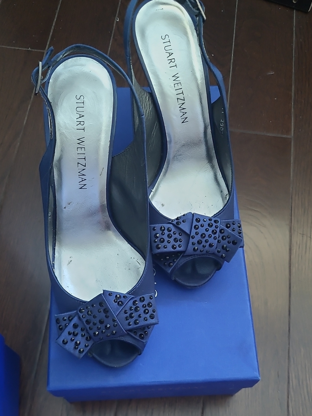 Stuart Weitzman Navy Peep-Toe Slingback Heels with Studded Bow Accent